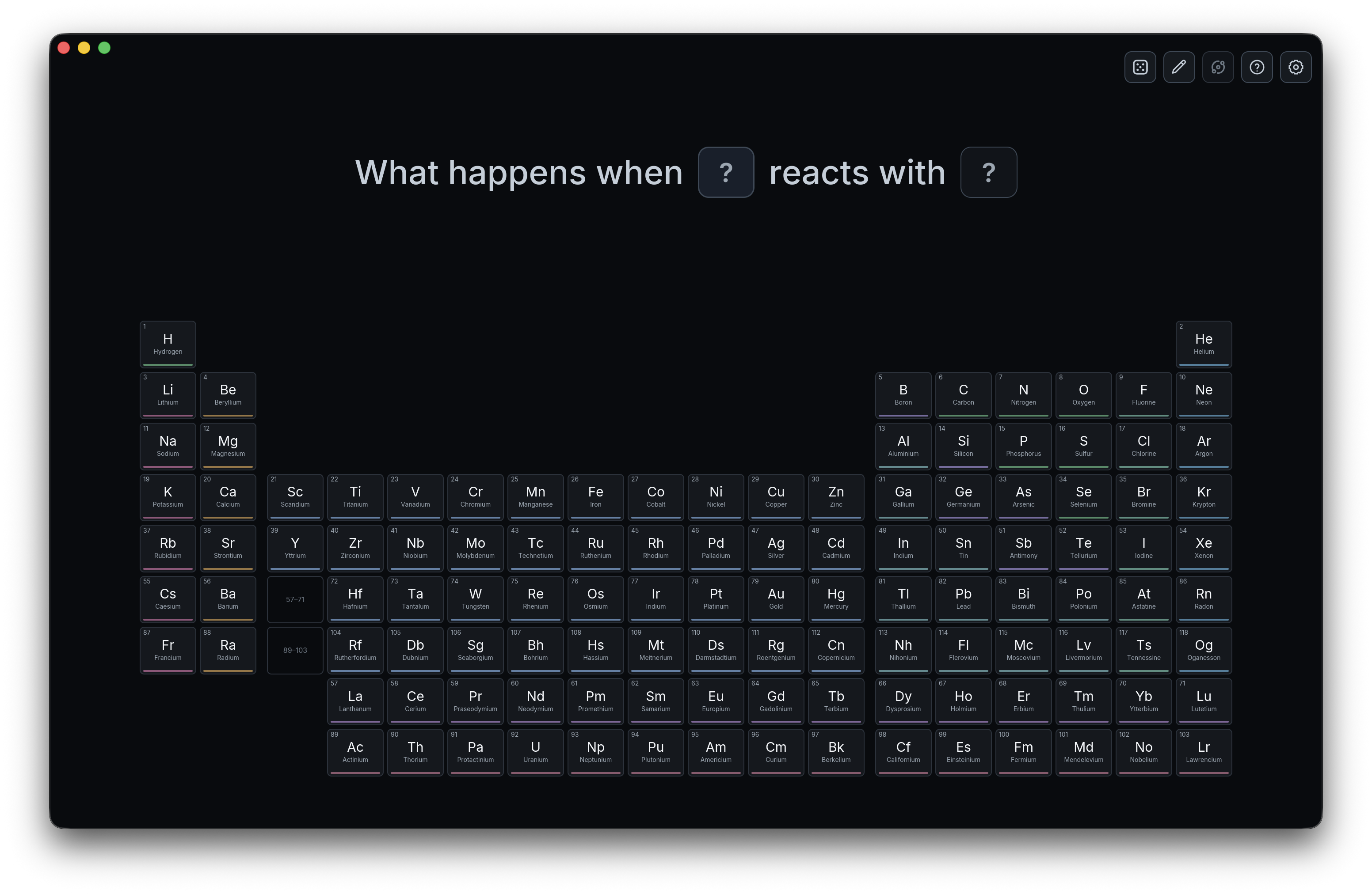 The ChemSpec chemistry workspace showing a reaction question and an interactive periodic table